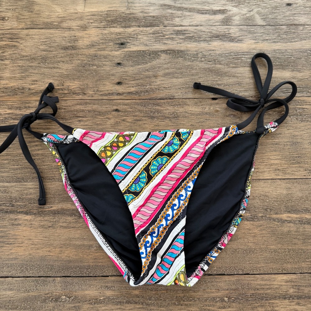 Trina Turk Multi Color Striped Side Tie Bikini Bottoms Size 2 Low Rise Black